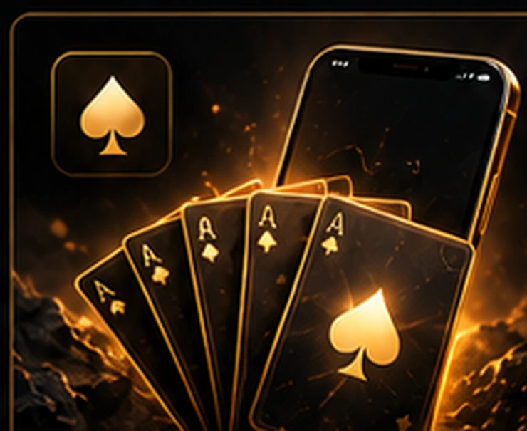 Éventail de cartes à jouer noires et dorées devant un téléphone