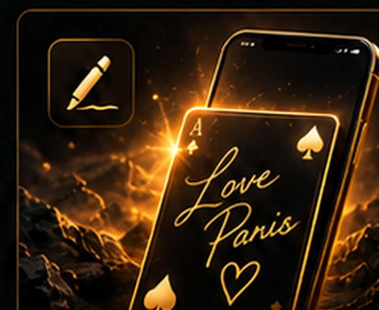 Sur un téléphone incliné, une carte portant la signature dorée Love Paris et un cœur