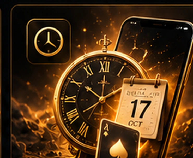 Horloge ancienne, calendrier et carte à jouer devant un téléphone noir et doré