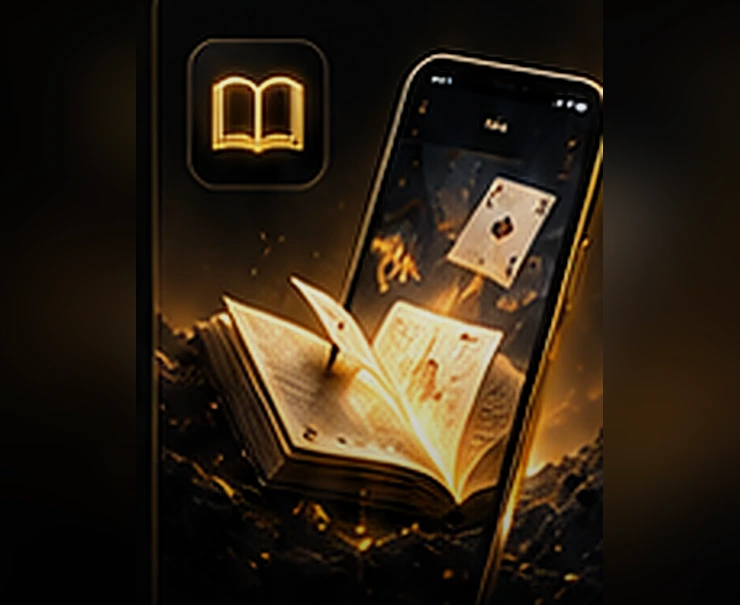 Livre ouvert et cartes sortant du téléphone
